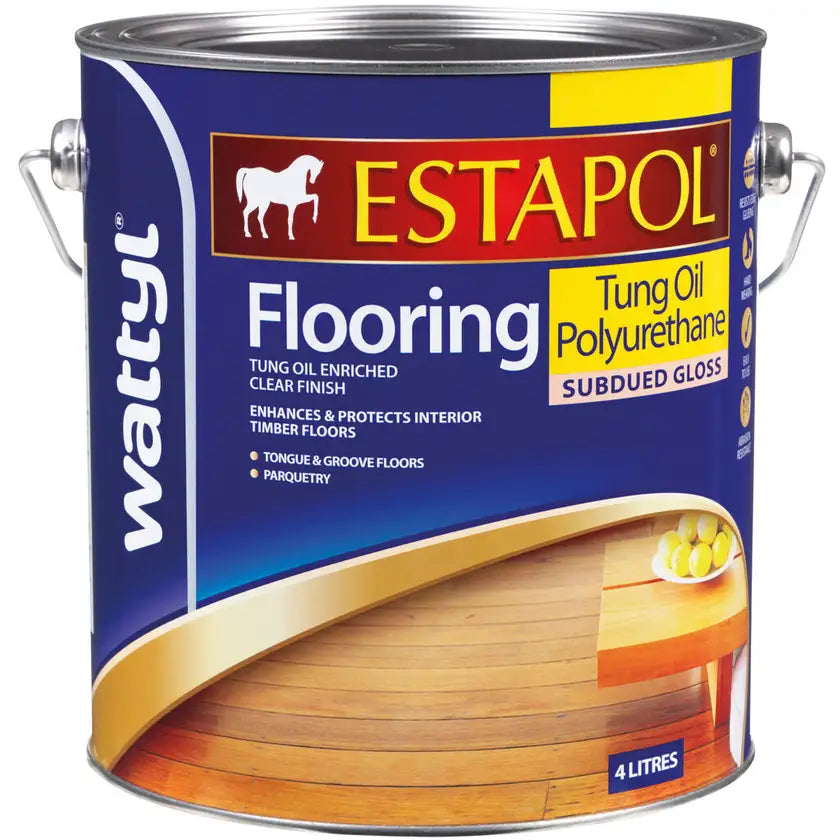 Interior Wood Care Floors Oil-Based "Subdued Gloss" Wattyl Estapol Flooring Tung Oil Polyurethane 4L - Colour: Clear Colourless