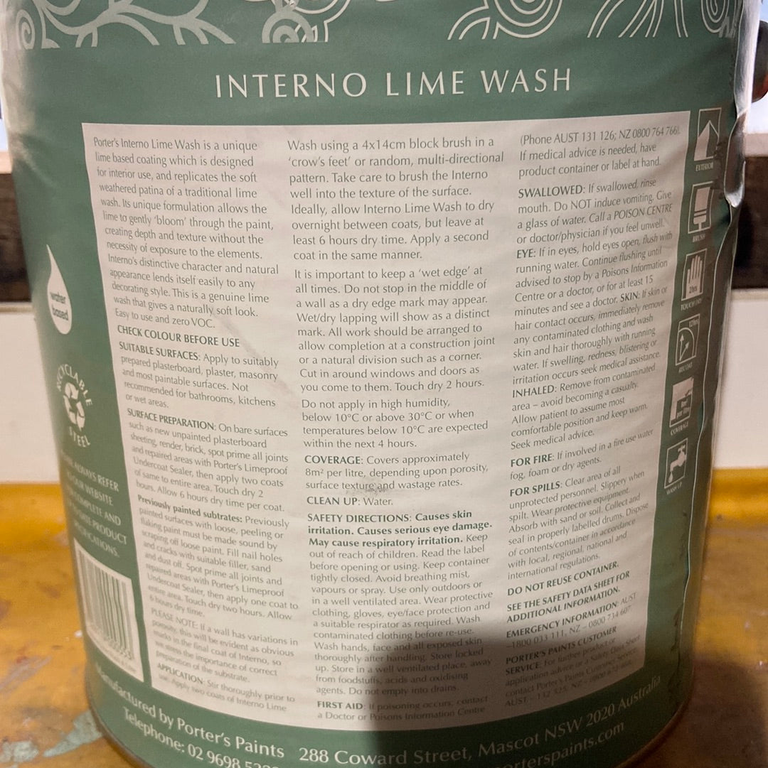 Interior Matte Specialty Porter's Interno Lime Wash NEUTRALS 3.7L - Dulux colour: Unbleached Calico Half (good match)